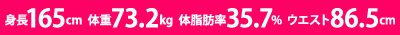身長163cm、体重63.5kg、体脂肪率32.4%、ウエスト72.5cm