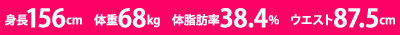 身長156cm、体重68kg、体脂肪率38.4%、ウエスト87.5cm