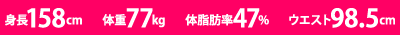 身長158cm、体重77kg、体脂肪率47%、ウエスト98.5cm