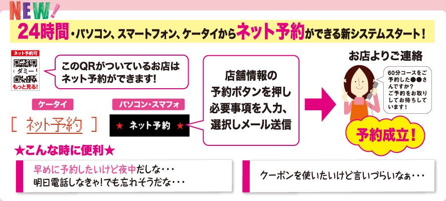 24時間・パソコン、スマートフォン、ケータイからネット予約ができる新システムスタート!